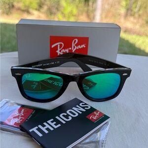 Ray-Ban Wayfarer 2140 Black Frame Sunglasses with Teal Mirrored Lenses